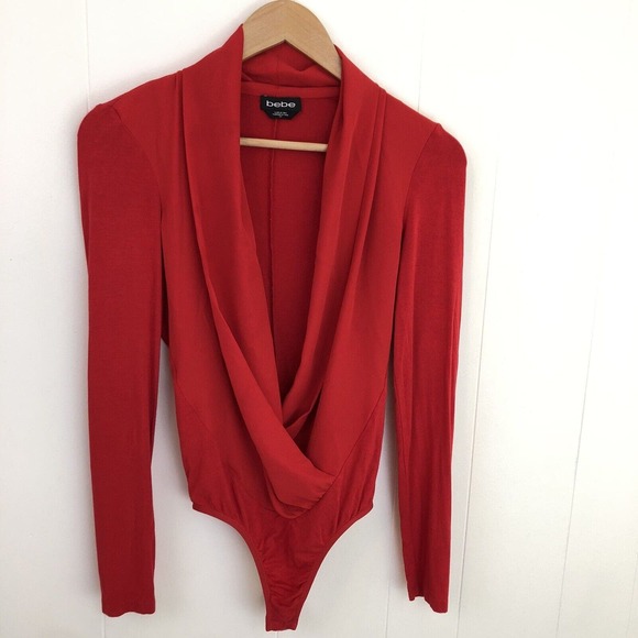 Bebe Red Deep V Body Suit Jumpsuit Sheer Front Long Sleeve One Piece Women Small - Picture 1 of 11